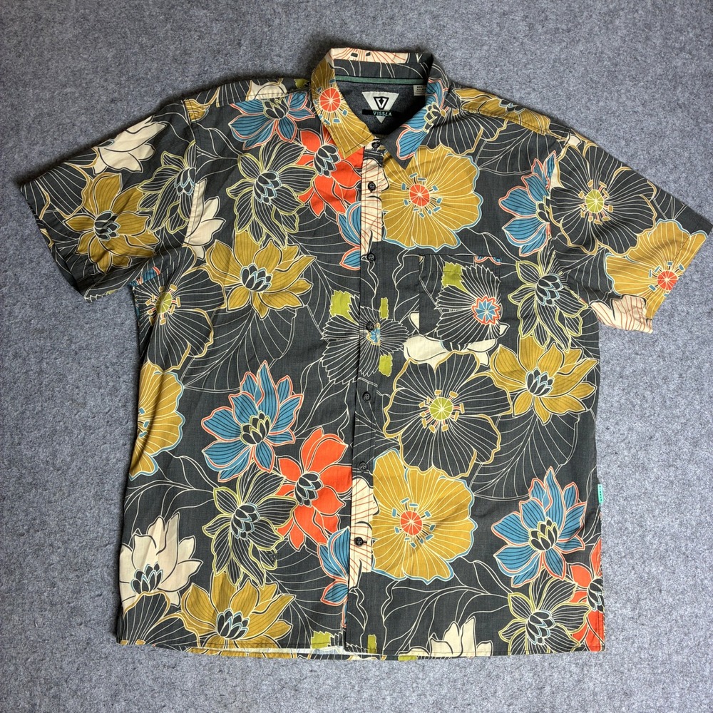 Vissla Button Down Shirt Mens XXL Grey Floral Excellent Short Sleeve Box Fit